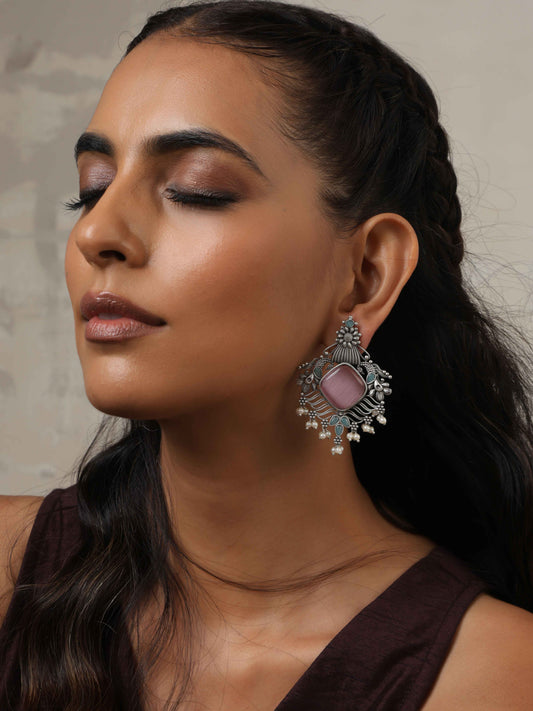 trueBrowns Silver Tone Pink Stone Pearl Drop Earrings - Swadesiicart