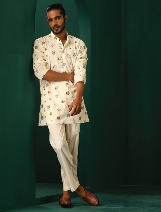trueBrowns Men's Ivory Blue Multi color Floral Cotton Co-ord Set - Swadesiicart
