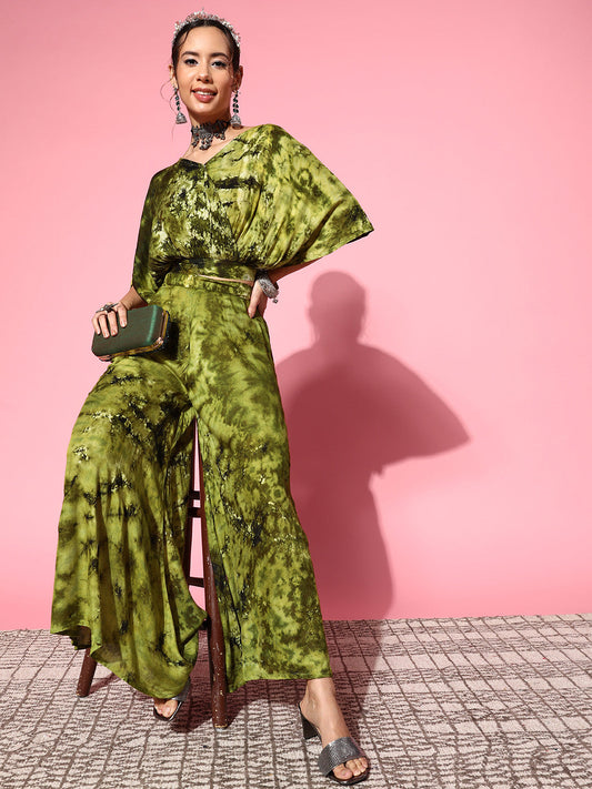 InWeave Women's Olive Tie And Dye New Neckline Top Culottes Set - Swadesiicart