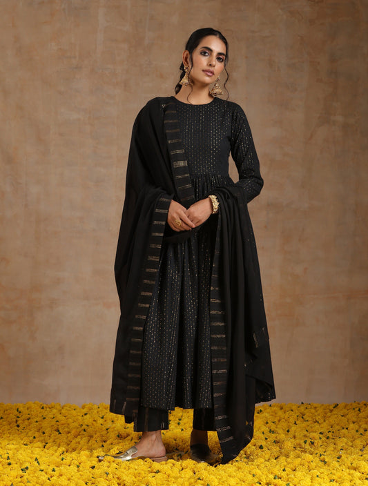 trueBrowns Black Gold Cotton Anarkali Set | Swadesiicart