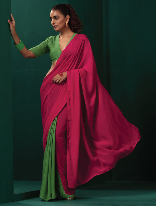 trueBrowns Green Pink Muslin Silk Ready To Wear Saree | Swadesiicart