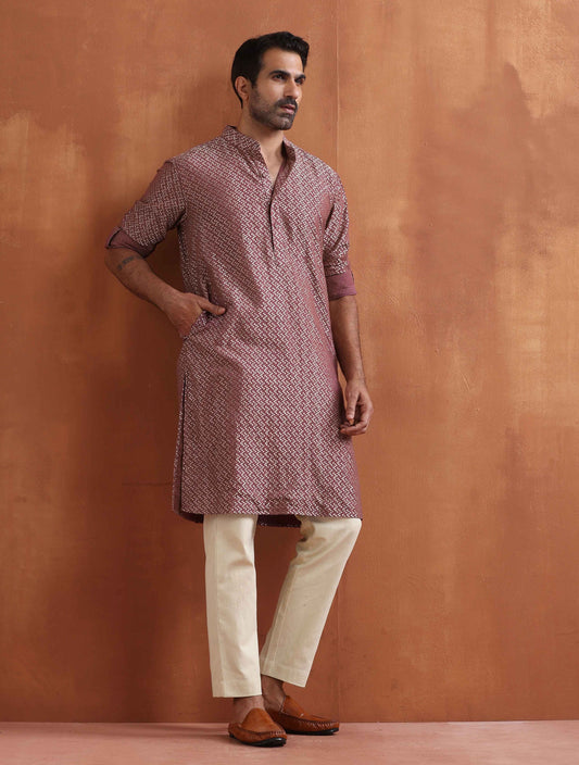 trueBrowns Men's Purple Cotton Dobby Kurta | Swadesiicart