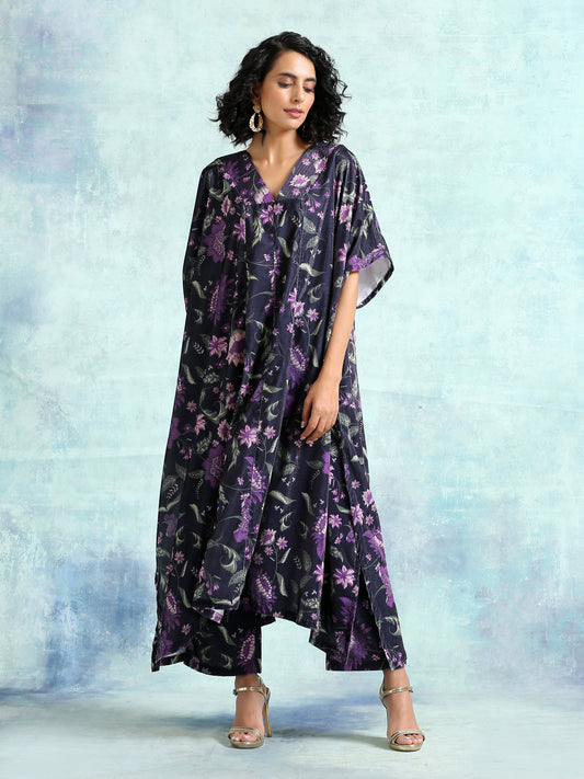 trueBrowns Black Printed Velvet Kaftan Kurta | Swadesiicart