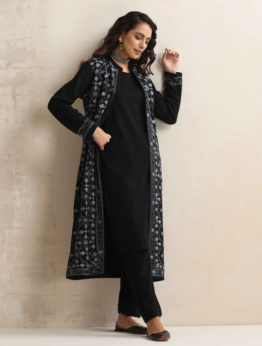 trueBrowns Black Kashmiri Woollen Jacket 3pc Set | Swadesiicart
