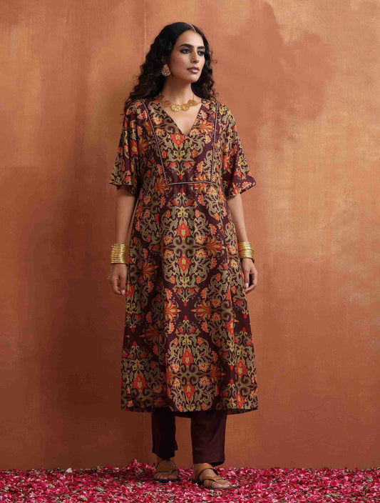 trueBrowns Brown Floral Print Kaftan Kurta Set | Swadesiicart