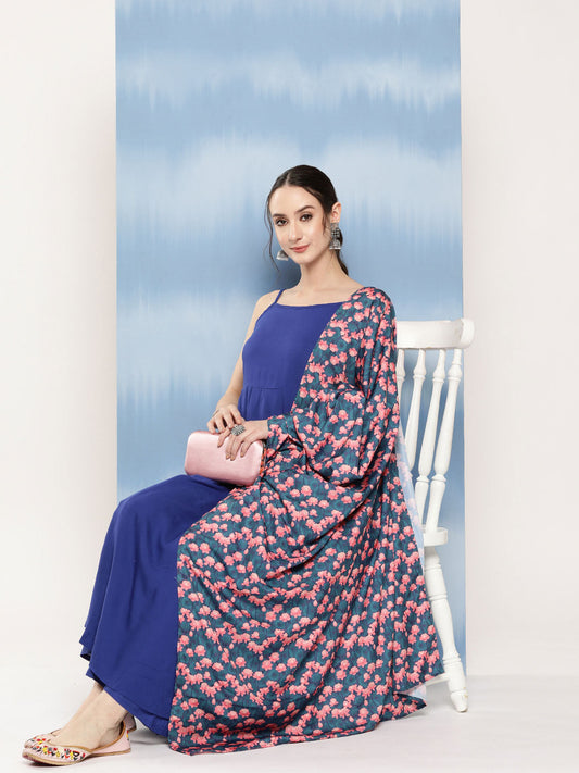 InWeave Women's Ink Blue Strappy Set With Navy Pink Lotus Cr Dupatta - Swadesiicart