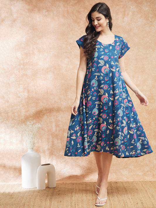 InWeave Women's Blue Pink Kalamkari A Line Dress - Swadesiicart