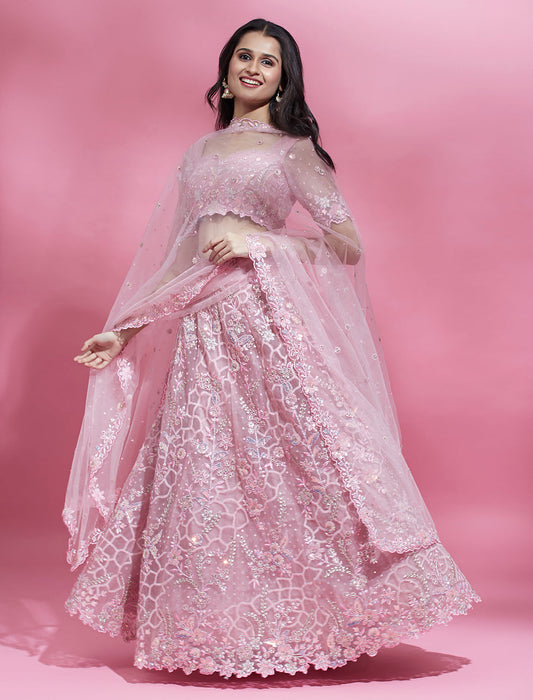 House of Panchhi Pink Color Net Sequins Work Lehenga | Swadesiicart