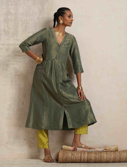 trueBrowns Green Tissue A-line Kurta Set | Swadesiicart