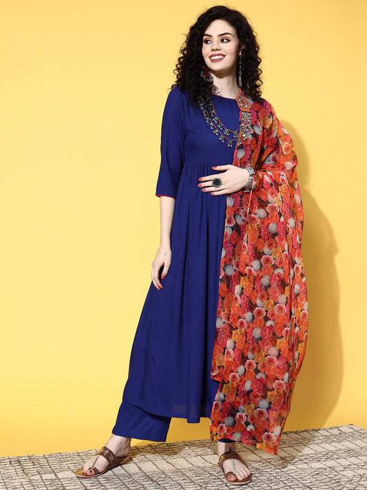 InWeave Women's Ink Blue Long Anarkali Kurta Set With Red Rose Organza Dupatta - Swadesiicart