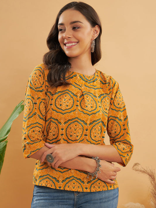 InWeave Women's Haldi Yellow Mughal Kalamkari Top - Swadesiicart