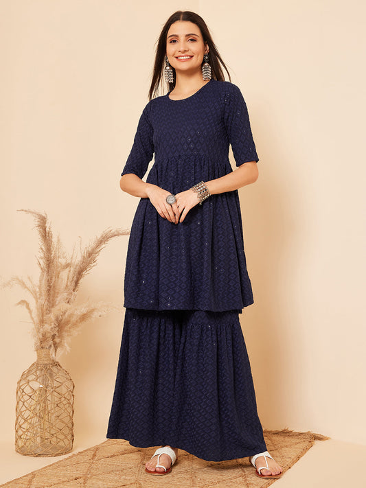 InWeave Women's Royal Blue Chikankari Kurta Set With Sharara - Swadesiicart