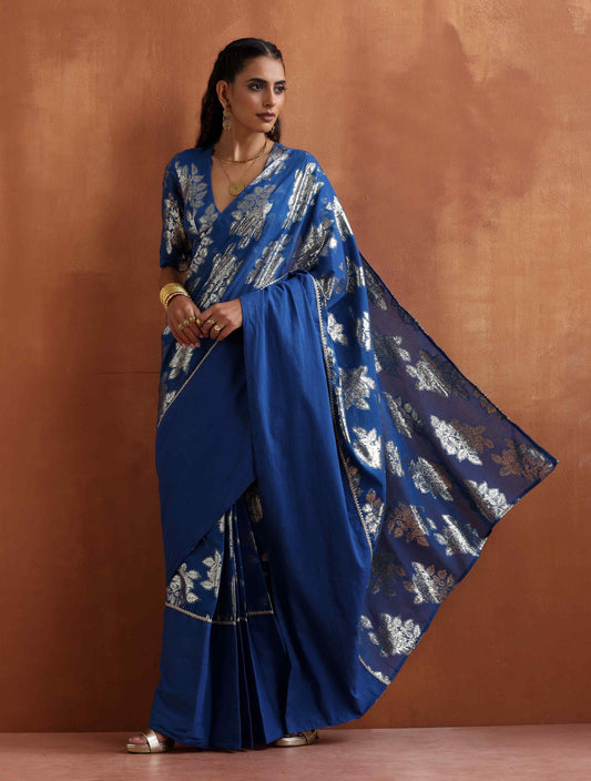 trueBrowns Blue Metallic Ready To Wear Saree | Swadesiicart