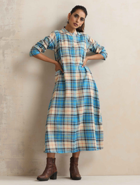 trueBrowns Beige Check Flared Winter Dress | Swadesiicart
