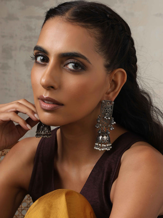 trueBrowns Silver Tone Floral Jhumka Earrings - Swadesiicart