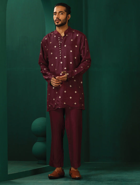trueBrowns Men's Wine Diamond Viscose Silk Co-ord Set - Swadesiicart