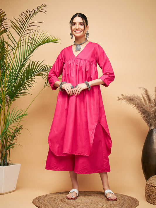 InWeave Women's Fuchsia Flared Kurta Palazzo Set - Swadesiicart