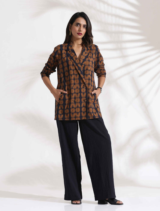 trueBrowns Black Cotton Print Jacket Top Co-ord Set - Swadesiicart