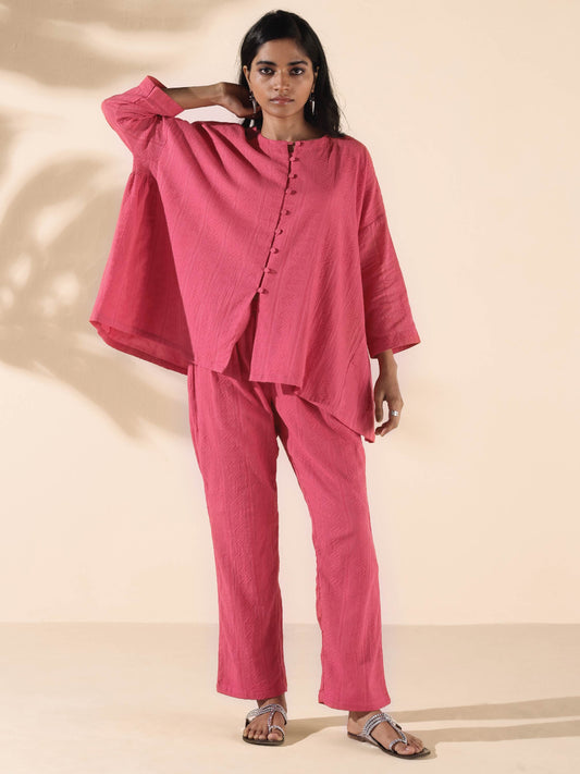 trueBrowns Pink Cotton Dobby Oversized Co-ord Set - Swadesiicart