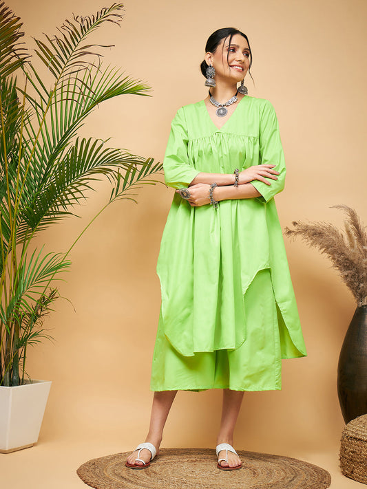 InWeave Women's Lime Green Flared Kurta Palazzo Set - Swadesiicart