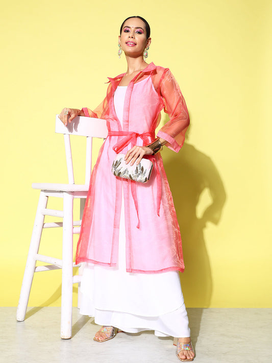 InWeave Women's Cream Strappy Kurta Set With Pink Organza Cape - Swadesiicart