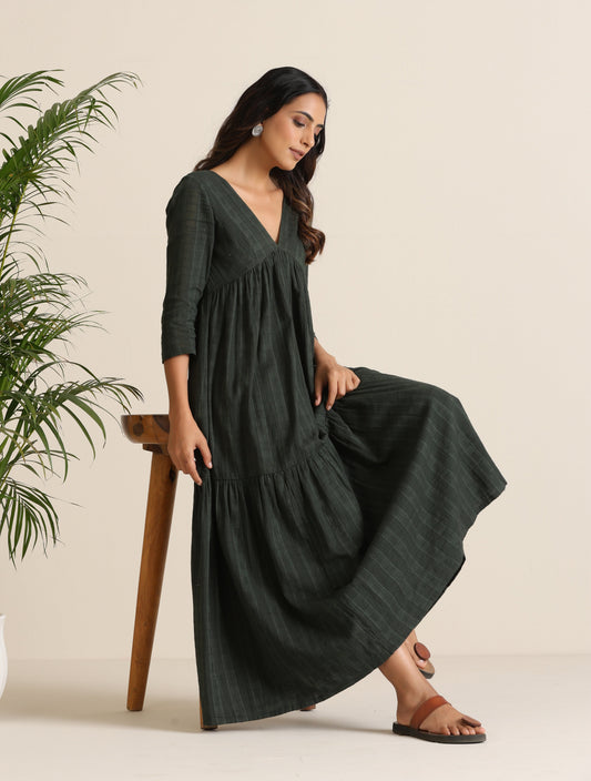 trueBrowns Charcoal Cotton Dobby Tiered Dress - Swadesiicart