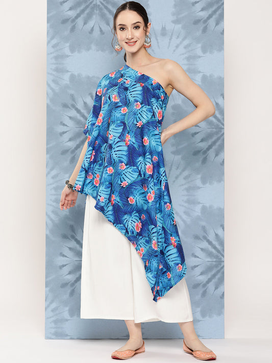 InWeave Women's Blue Pink Japanese Art Oneshoulder Top - Swadesiicart