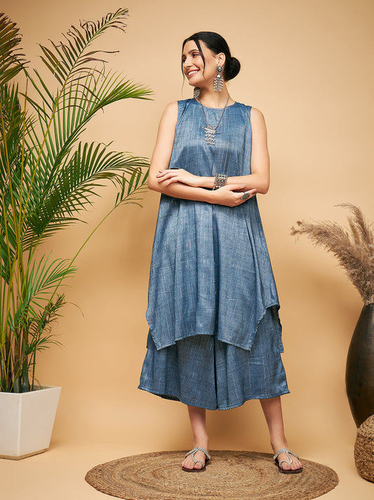 InWeave Women's Blue Lurex Short Pallazo Kurta Set - Swadesiicart