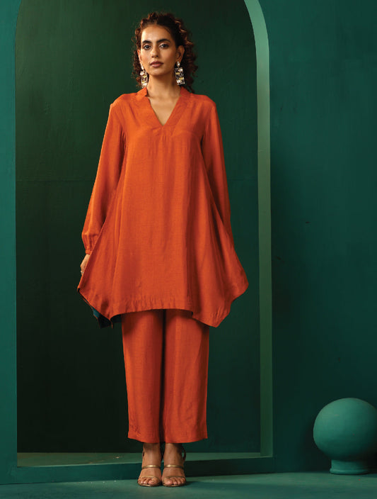 trueBrowns Rust Silk Collar Co-ord Set - Swadesiicart