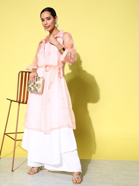 InWeave Women's Cream Strappy Kurta Set With Peach Organza Cape - Swadesiicart
