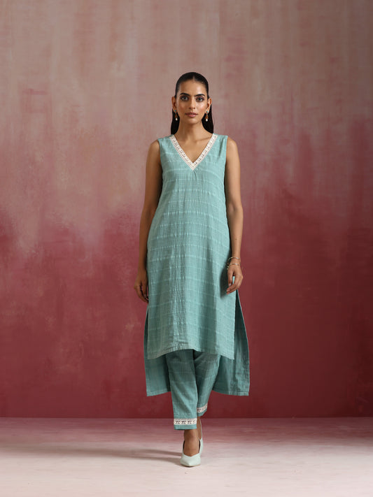 trueBrowns Aqua Blue Cotton Dobby High low Kurta Set | Swadesiicart