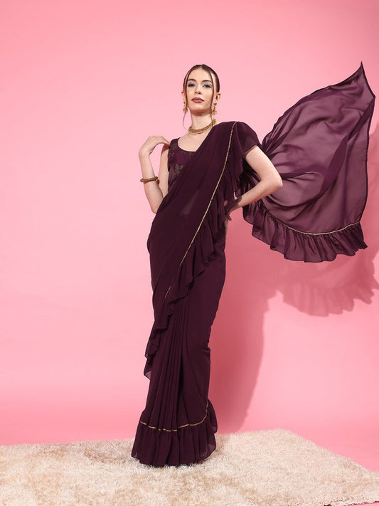 Ahalyaa Ruffled Poly Georgette Saree | Swadesiicart