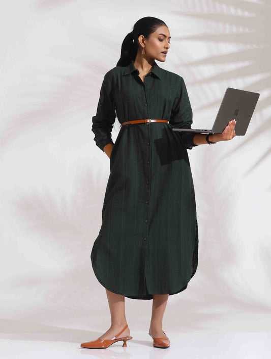 trueBrowns Green Cotton Shirt Dress | Swadesiicart