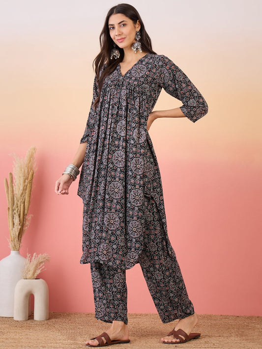 InWeave Black Maroon Ajrakh Foil V Neck Flared Kurta Pant Set - Swadesiicart