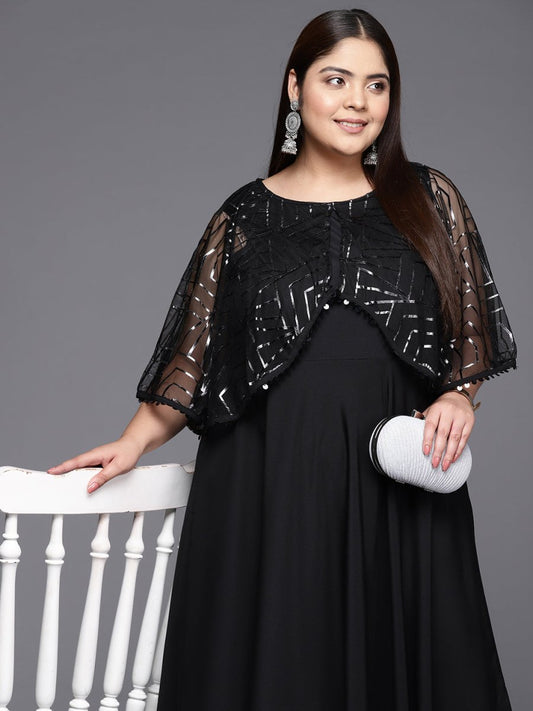 Ahalyaa Plus Size Geometric Print Crepe Layered A-line Maxi Ethnic Dress | Swadesiicart