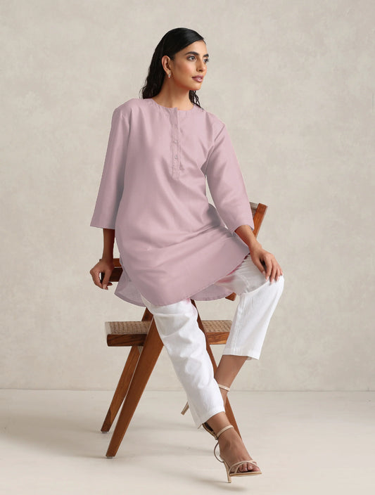 trueBrowns Pink Cotton Blend Short Kurta | Swadesiicart