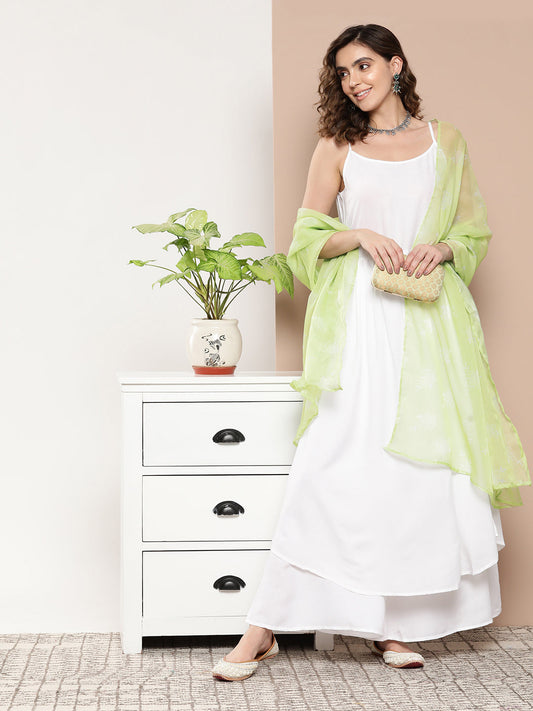InWeave Women's Cream Strappy With Green White Chintz Organza Dupatta - Swadesiicart
