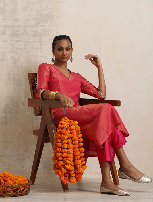 trueBrowns Hot Pink Tissue Straight Kurta Set | Swadesiicart