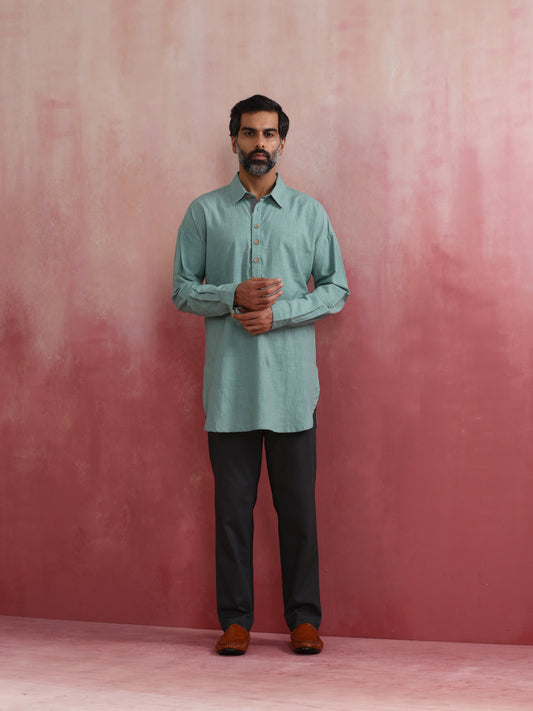trueBrowns Men's Aqua Blue Cotton Shirt Collar Stylized Kurta | Swadesiicart