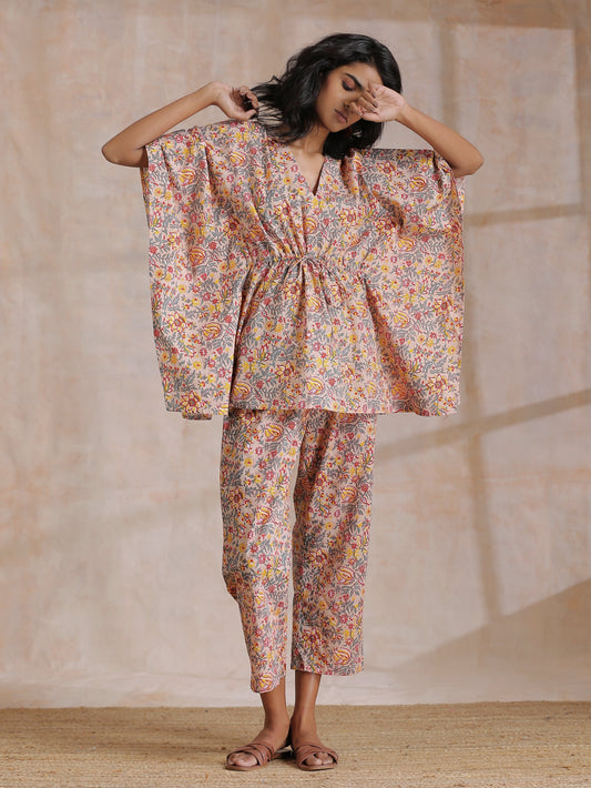 trueBrowns Multicolor Beige Overall Floral Block Print Cotton Kaftan Co-Ord Set - Swadesiicart