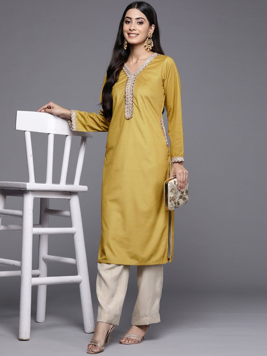 Ahalyaa Women Mustard Yellow & Golden Ethnic Motifs Yoke Design Velvet Kurta | Swadesiicart