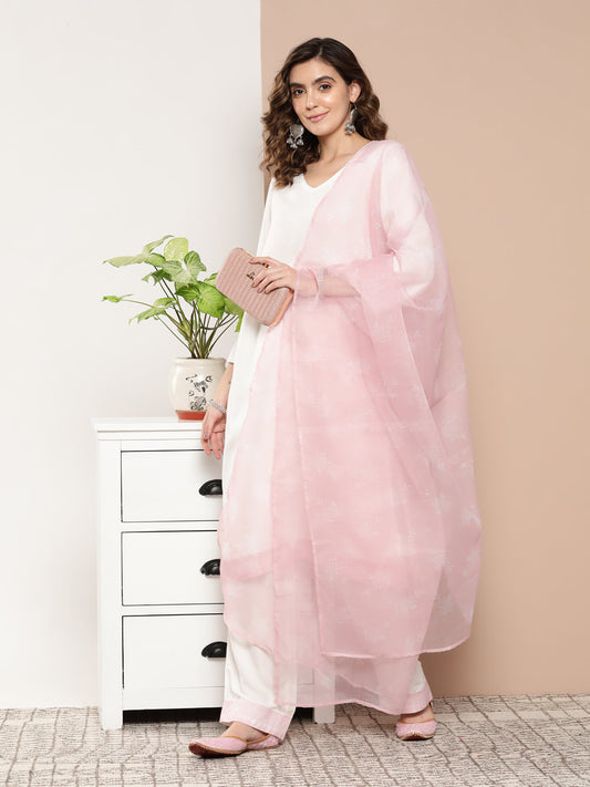 InWeave Women's Cream Straight Kurta Set W Pink White Print Organza Dupatta - Swadesiicart