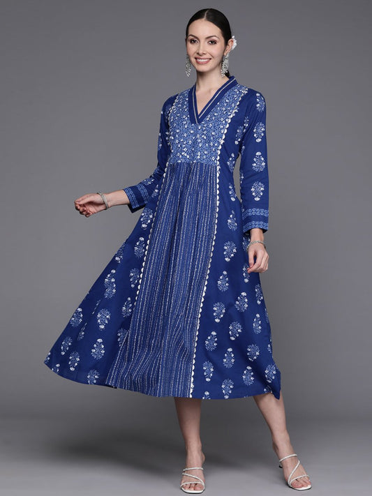Ahalyaa Floral Print Midi Pure Cotton Ethnic Dress with Lace Inserts Detail | Swadesiicart