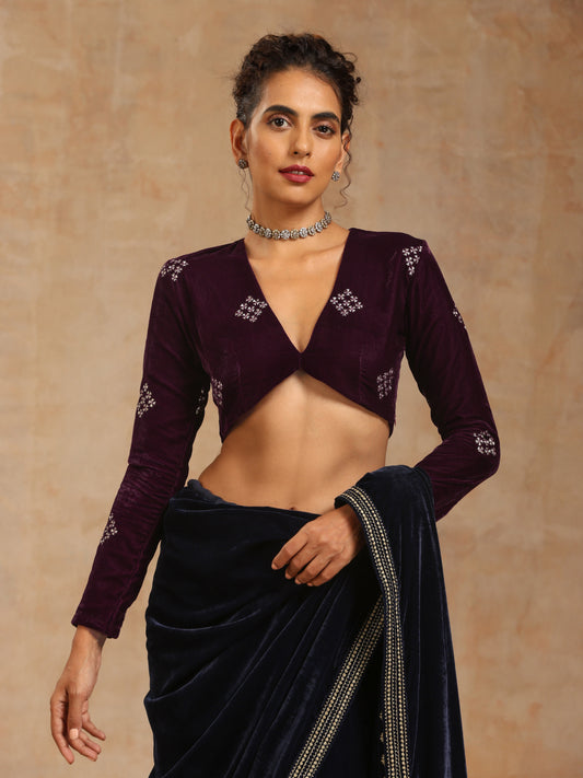 trueBrowns Wine Velvet Embroidered Blouse | Swadesiicart