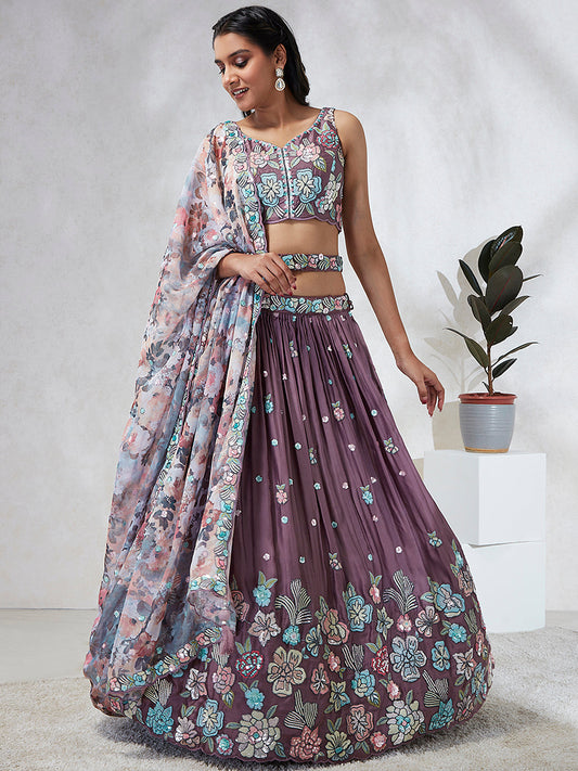House of Panchhi Lavender Georgette Sequins And Thread Embroidery Lehenga Choli & Dupatta | Swadesiicart