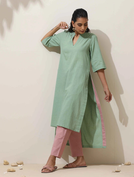 trueBrowns Mint Green Cotton Linen Kurta Pant Set | Swadesiicart