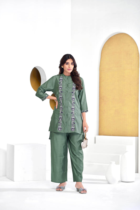 BulBul Deepti Chanderi Olive Co-Ord Set - Swadesiicart