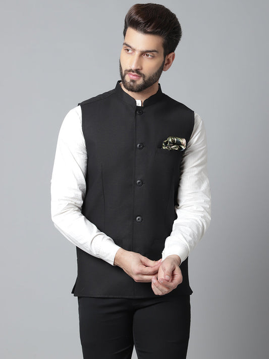 Even Apparels Men's Black Nehru Jacket With Welt Pockets | Swadesiicart