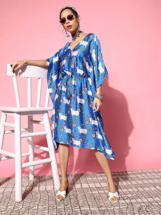 InWeave Women's Ink Blue Indian Bull Print Kaftan - Swadesiicart