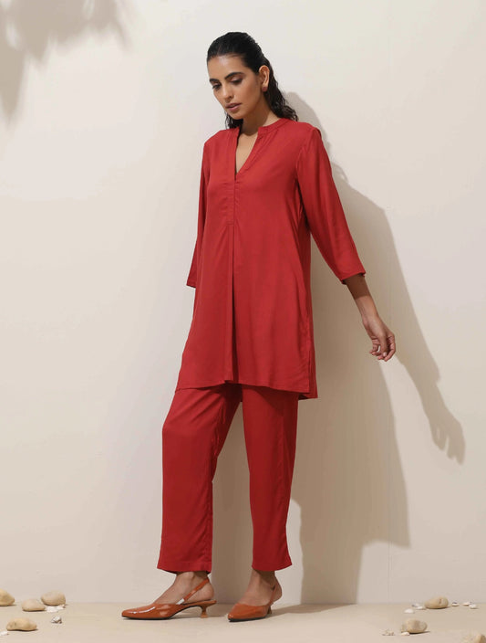 trueBrowns Maroon Viscose Solid Co-ord Set - Swadesiicart